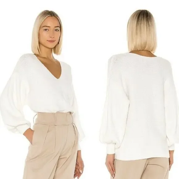 1 State V Neck Ribbed Knit Balloon Sleeve Pullover Sweater White Cream Large NWT - Picture 2 of 12